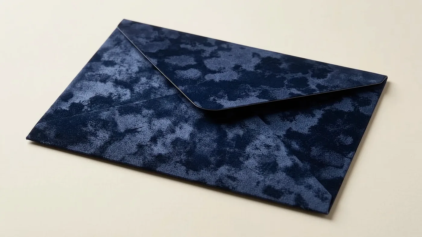 Sobre de papel con tacto terciopelo, azul noche, cerrado